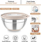 TeamFar Mixing Bowls with Colander Set, Stainless Steel Strainer and Nesting Salad Bowls, with Lids & 3 Graters, Non-Slip Bottom & Visible Lid, Rotatable & Dishwasher Safe, 4.6/3/1.5 QT, Khaki