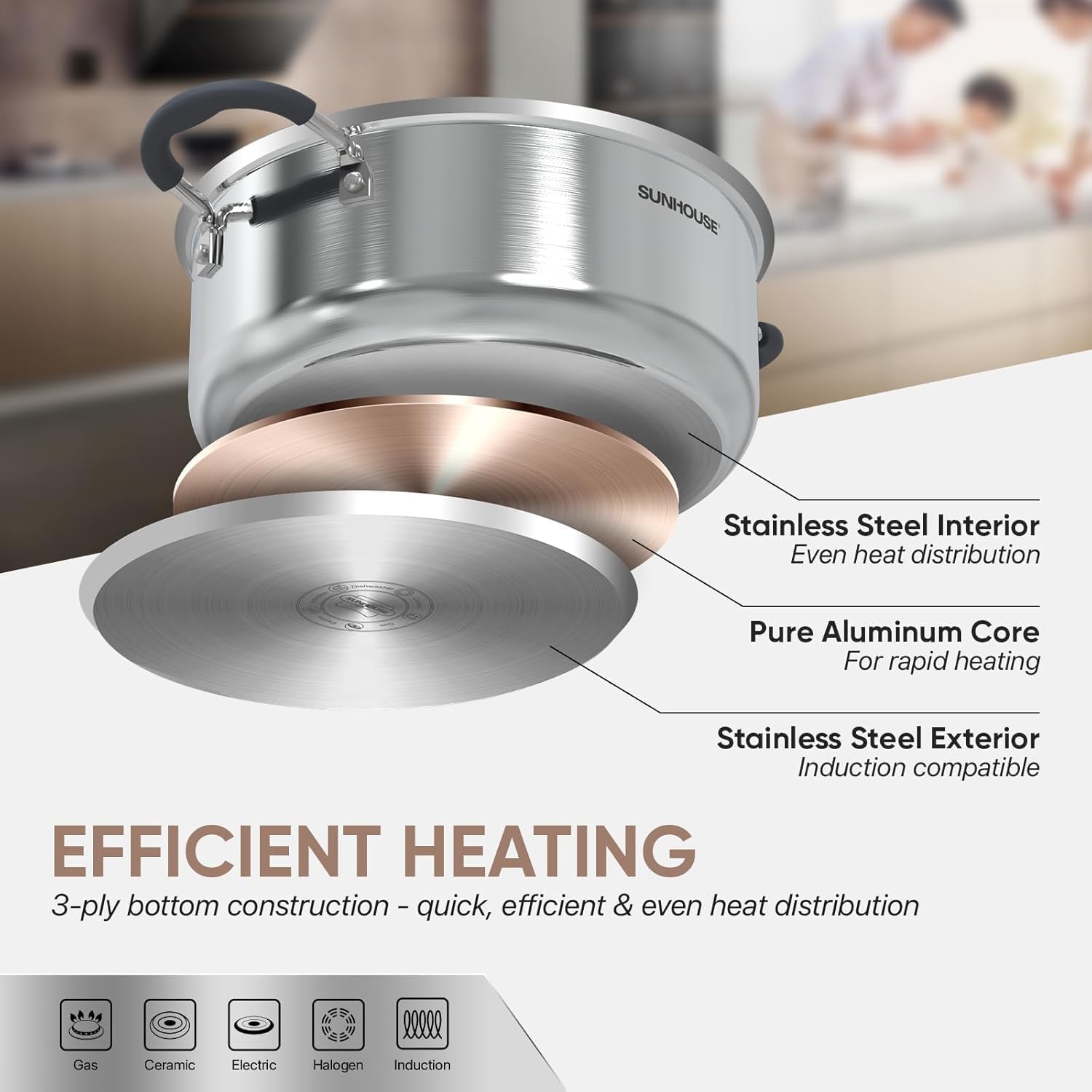 Sunhouse - 4.6 Quarts Steamer Pots With Lid 2-Tier Multipurpose Stainless Steel Steaming Pot Cookware For Vegetable, Dumpling, Sauce, Food - Triple Bottom, Measurement Line
