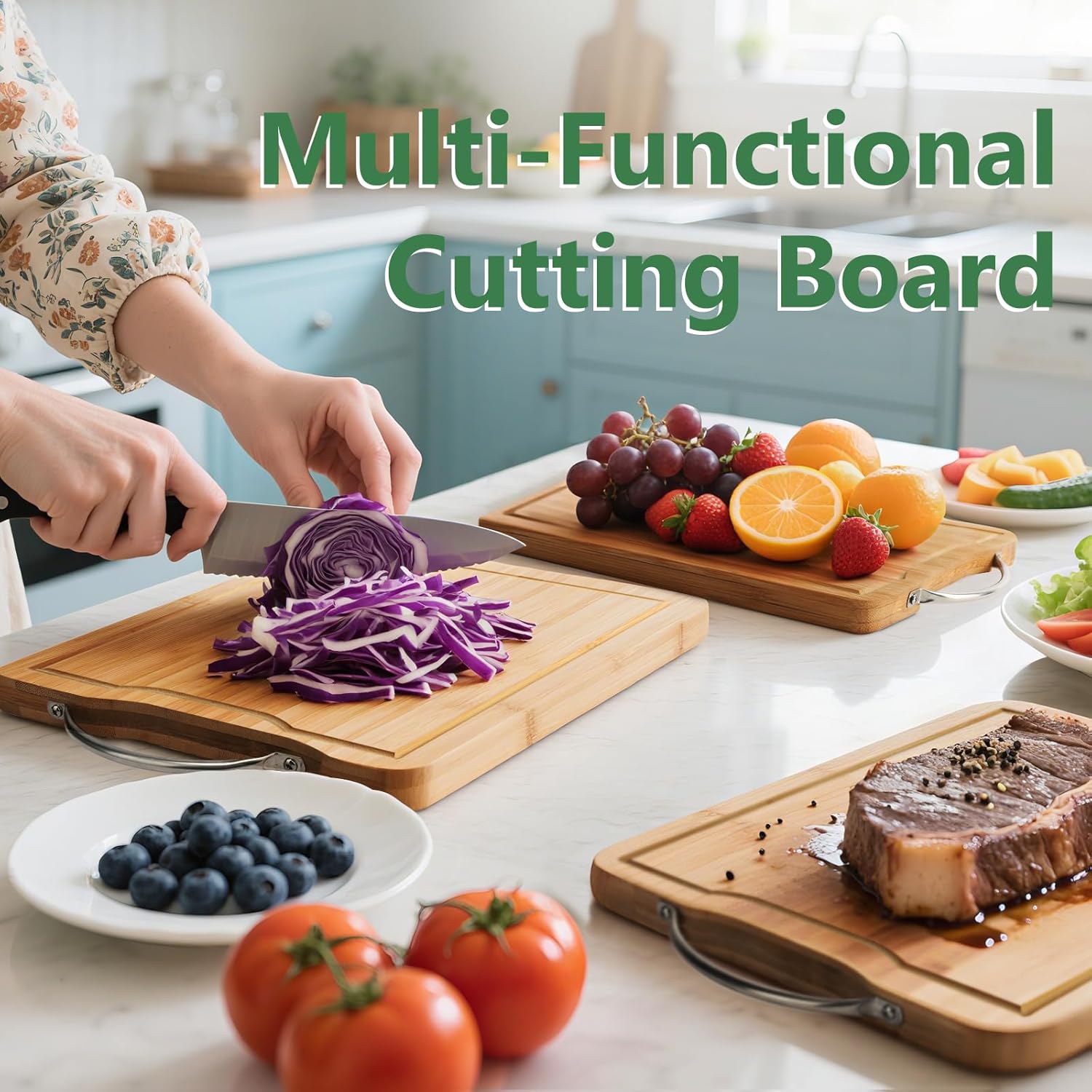 Bamboo Cutting Board, Wooden Cutting Boards for Kitchen with Double Sided Deep Juice Grooves & Wide Handle, Ideal Charcuterie & Chopping Board for Meat, Vegetables and Fruits