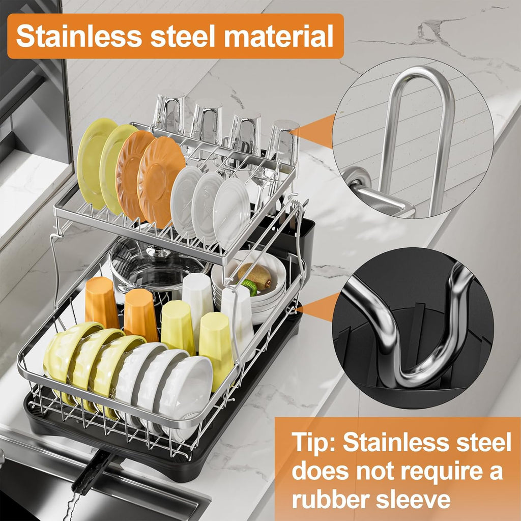 Dish Drying Rack Kitchen 2-Tier 304 Stainless Steel Dish Racks for Kitchen Counter,Dish Strainer with Adjustable Draining Tray,Drying Rack with Water Cup Hook & Cutlery Holder,Black