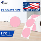 Perco Pink 2-Inch Perforated Circle Dot Thermal Sticker Labels — 735 Stickers/Roll, Direct Thermal Printer Compatible—with Permanent Adhesive for Organizing, Color Coding, Bin Labeling—Made in USA