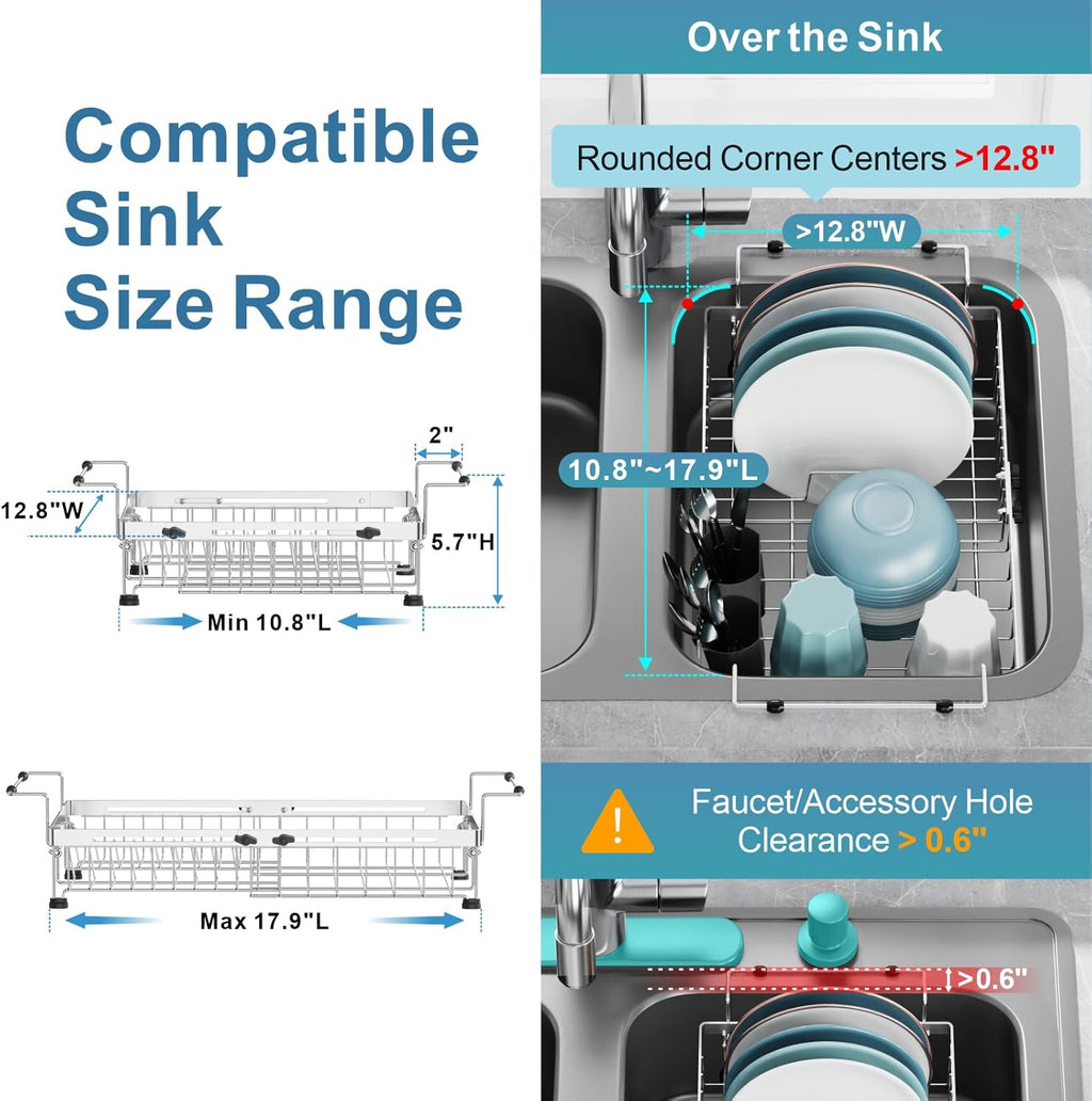 GSlife Stainless Steel Dish Drying Rack - Capacity Expandable in Sink Dish Drainer with Silicone Mat, Over Sink Dish Rack with Utensil Holder for Kitchen Counter, 10.8"-17.9" L x 12.8" W, Silver