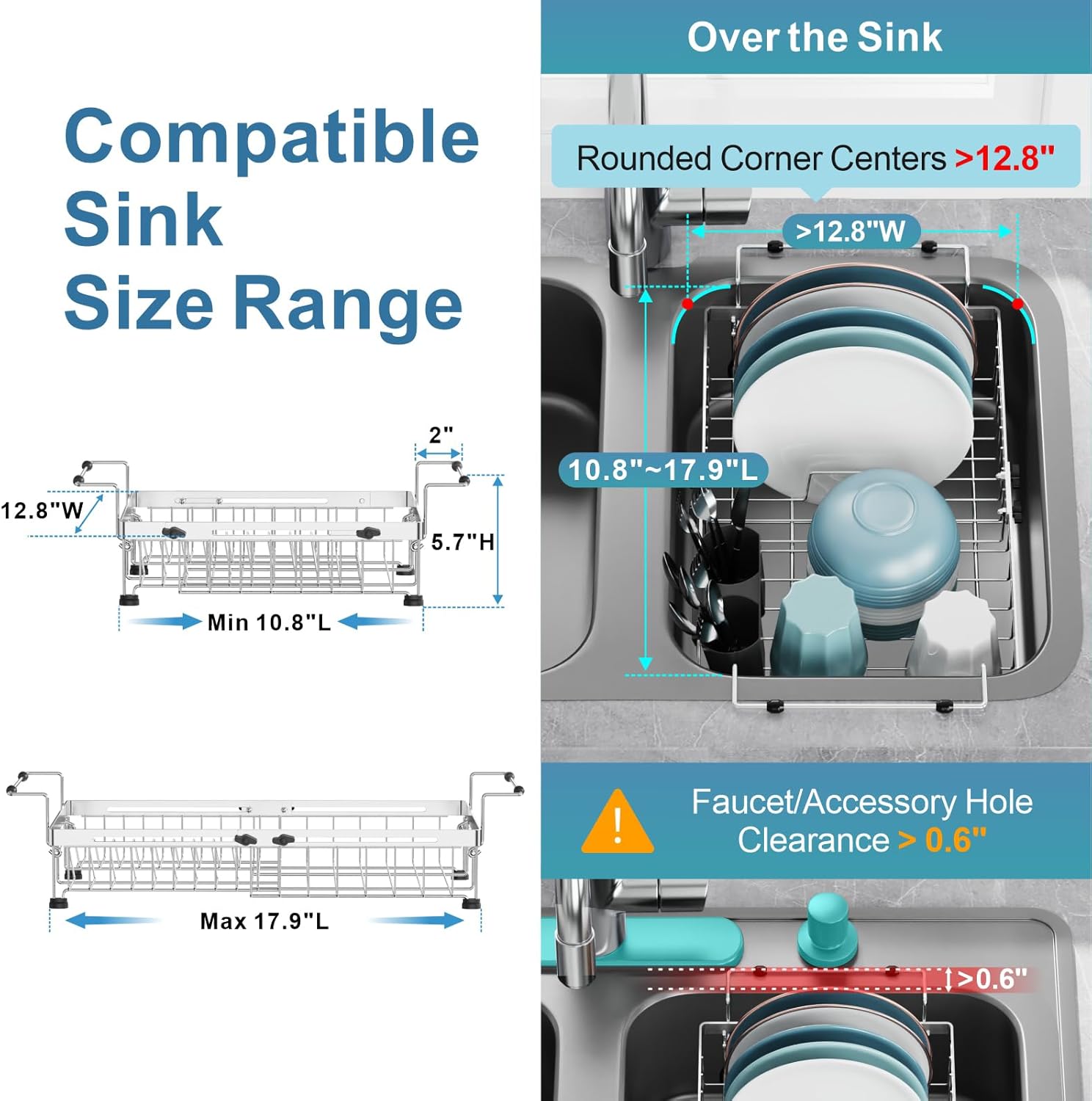 GSlife Stainless Steel Dish Drying Rack - Capacity Expandable in Sink Dish Drainer with Silicone Mat, Over Sink Dish Rack with Utensil Holder for Kitchen Counter, 10.8"-17.9" L x 12.8" W, Silver