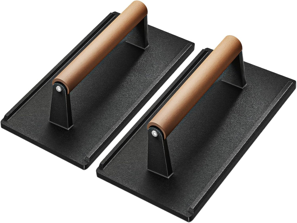 Yoehka Cast Iron Grill Press-2PCS, Heavy Duty Bacon/Burger/Griddle/Chef Press with Wood Handle, Perfectly Grilled Steak,Meat,Sandwich,Panini, 2.25lbs Cooking Weight,Rectangle(8.27"×4.25"×3.35”in)
