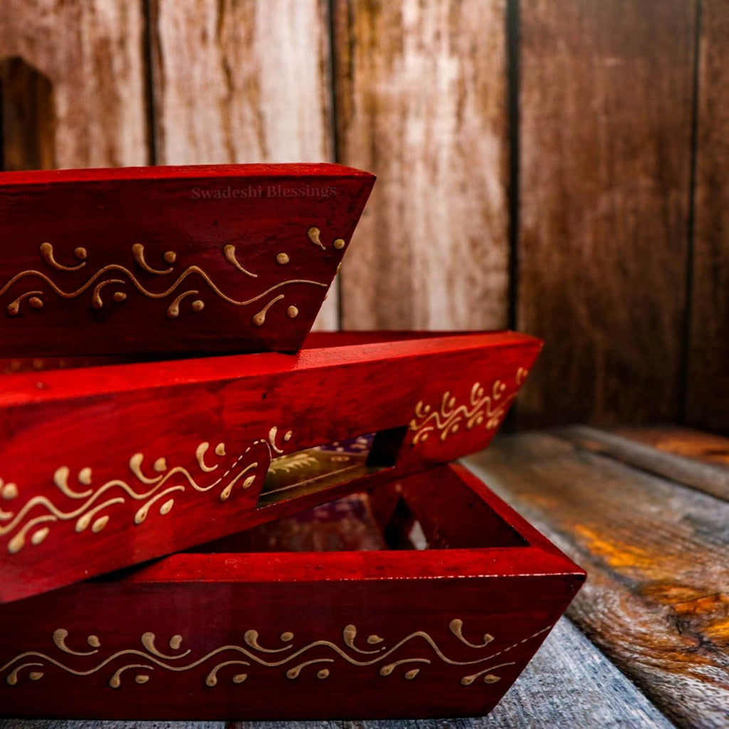 Swadeshi Blessings Handcrafted & Hand-Painted Embossed Wooden Serving Trays Set of 3- for Kitchen/Table & Home Decor/Dinning/Gifts/Restaurants/Living Room/Coffee Table (AntiqueRed)