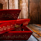 Swadeshi Blessings Handcrafted & Hand-Painted Embossed Wooden Serving Trays Set of 3- for Kitchen/Table & Home Decor/Dinning/Gifts/Restaurants/Living Room/Coffee Table (AntiqueRed)
