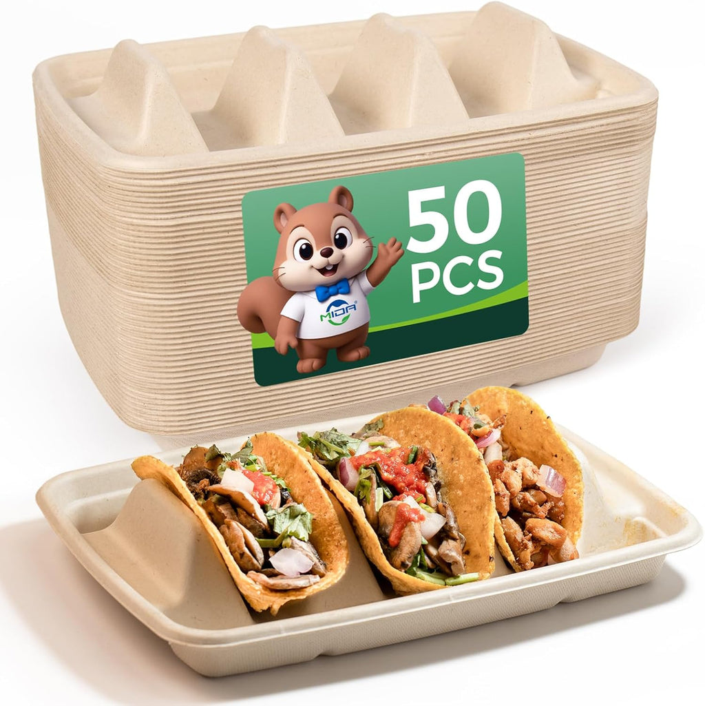 50-Pack 100% Compostable Biodegradable Paper Taco Holders, Eco-Friendly Disposable Paper Taco Tray for Taco Tuesday, Lazy Susan Taco Bar (50-Pack)