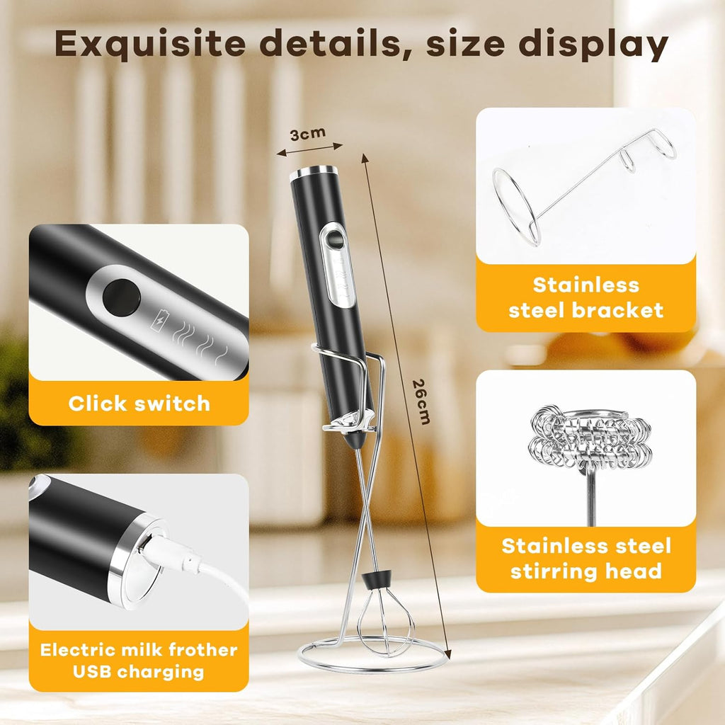 Milk Frother Handheld 2 Speed Adjustable Handheld Electric Foam Maker Milk Frother Handheld Rechargeable Electric Foam Maker with 2 Stainless Whisks For Latte, Cappuccino, Hot Chocolate, Egg
