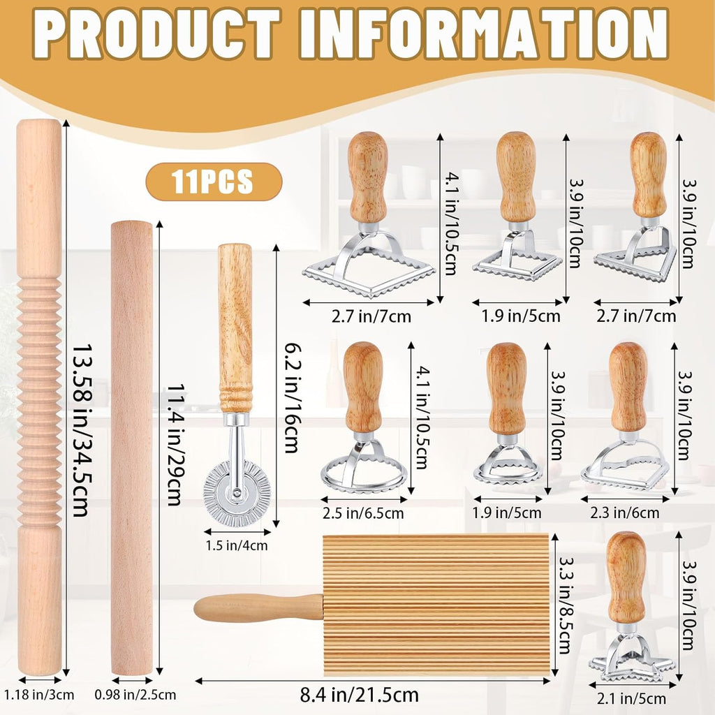 11 PCS Pasta Making Tool, Ravioli Maker Cutter Stamp Set, 1 Pasta Cutter Wheel with 1 Dough Roller, 1 Wood Gnocchi Board with 1 Ravioli Rolling Pin, Pasta Maker Tools for Lasagna, Pierogi