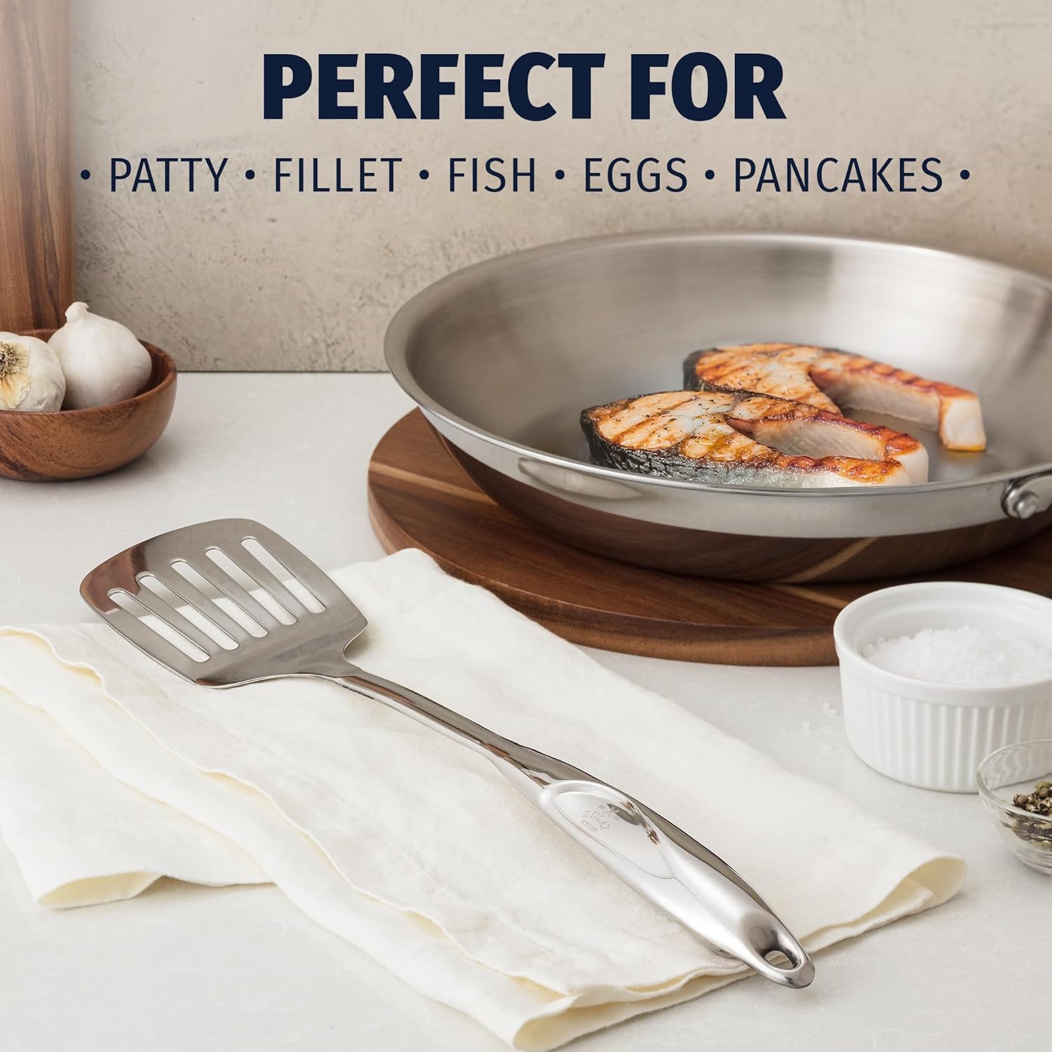 Zulay Kitchen Stainless Steel Metal Spatula – Lightweight, Strong & Durable Metal Turner – Easy to Use, Comfortable Grip, Heat Resistant & Dishwasher Safe – Perfect for Home Cooks & Chefs (14.8")