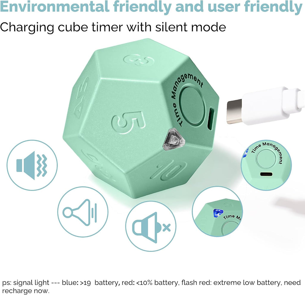 KADAMS Pomodoro Cube Timer Productivity-11 Preset Countdowns, Flip-to-Start Gravity Activation - Sound Vibrate Mute Rechargeable - Ideal for ADHD Kid Kitchen Classroom Cook Study Exercise - Green