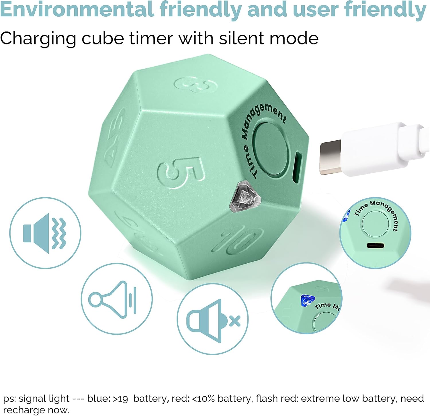 KADAMS Pomodoro Cube Timer Productivity-11 Preset Countdowns, Flip-to-Start Gravity Activation - Sound Vibrate Mute Rechargeable - Ideal for ADHD Kid Kitchen Classroom Cook Study Exercise - Green