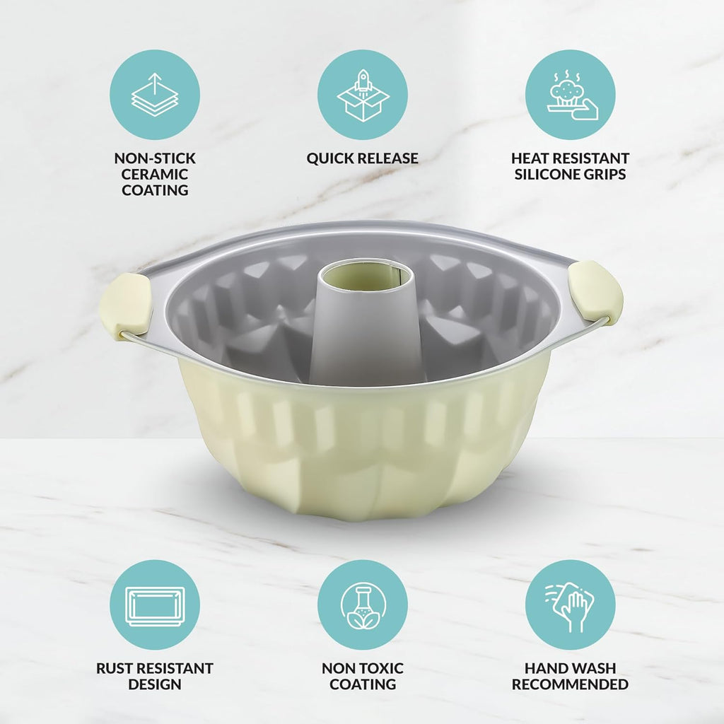 Boxiki Kitchen Premium Non-Stick Fluted Cake Pan - Ceramic Bakeware for Perfect Pound Cakes, Chocoflan & More - Durable & Easy Release