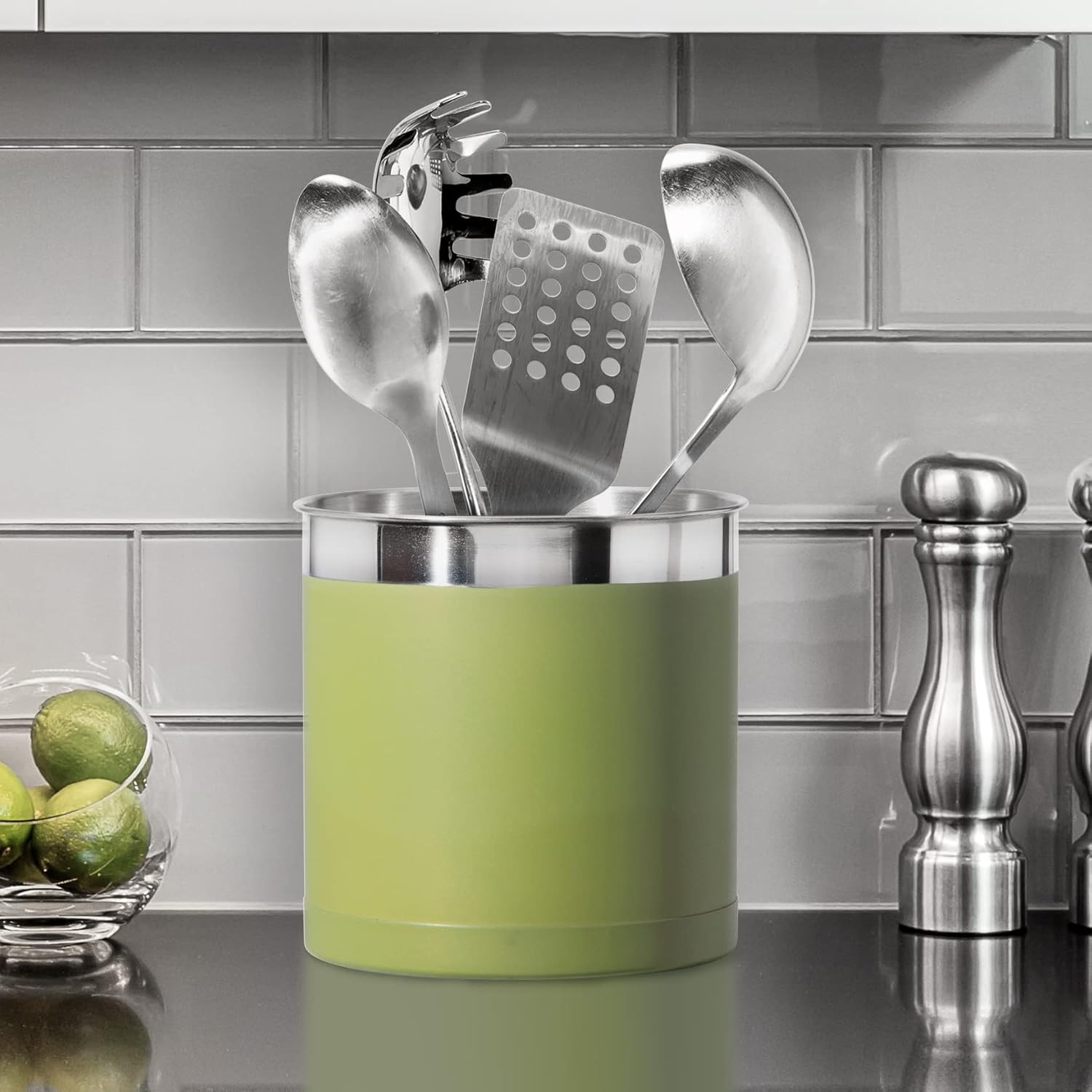 Oggi Stainless Steel Jumbo Utensil Holder - 7" Utensil Caddy, Weighted Base for Stability - Extra Large Utensil Crock and Countertop Utensil Organizer, Olive