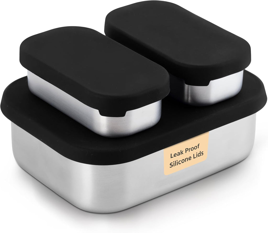Flexibento - Leak proof Stainless Steel Lunch Box | Bento Box |Food , Lunch Containers with Silicone Lids| sandwich and Snack Containers |Metal lunch Box |Black | 27 OZ, 2*6.5 OZ| Adjustable Divider
