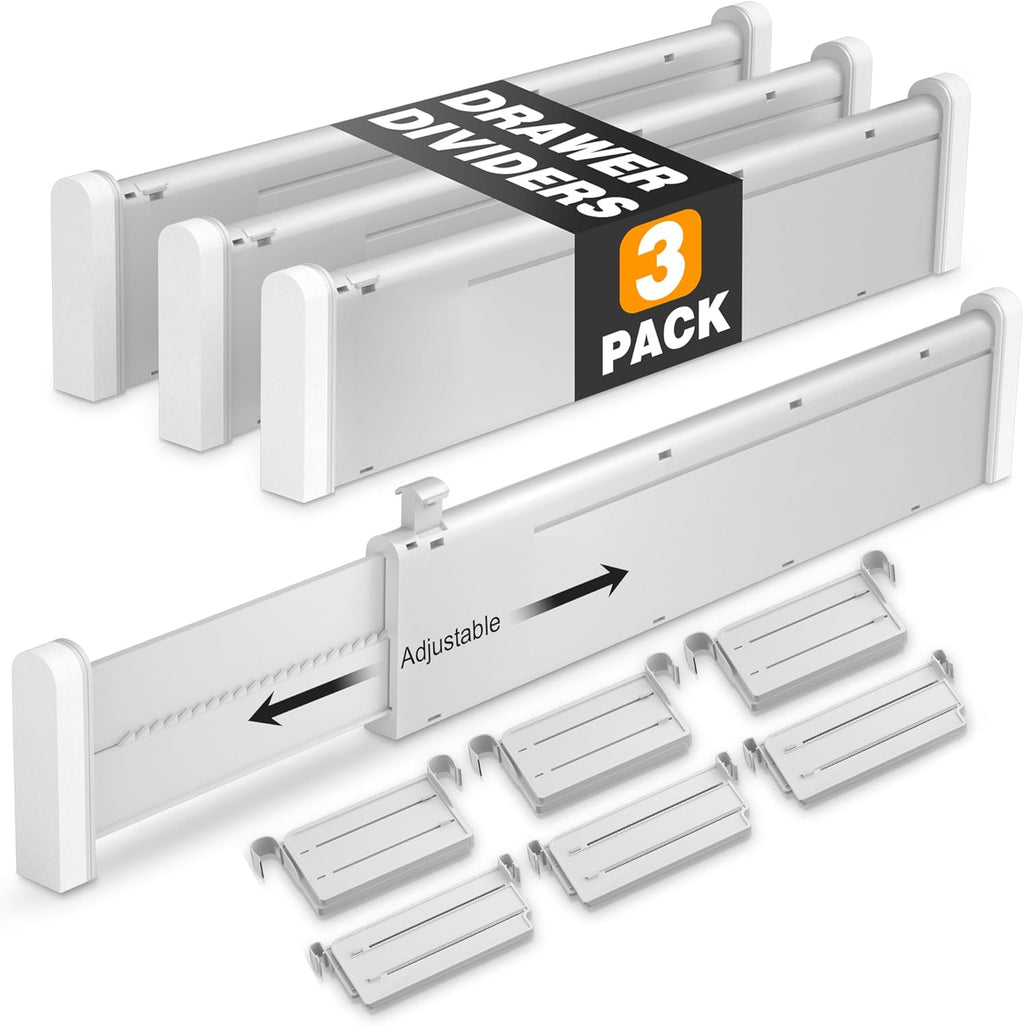 HiYZ Expandable Drawer Dividers with Inserts - Adjustable Drawer Organizers Separators for Kitchen, Bedroom, Dresser, Office, 3 Long Dividers(12.6-22.8 IN) with 6 Inserts(3.9-7.1 IN) - Gray