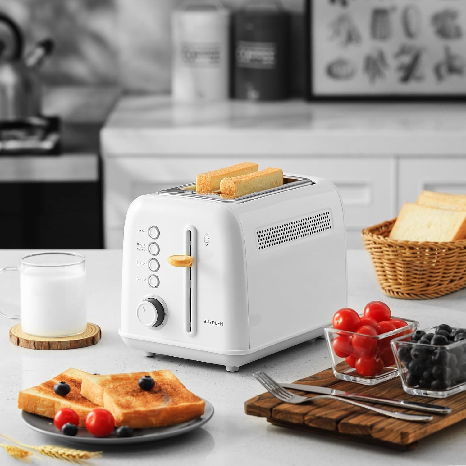 BUYDEEM DT620 2-Slice Toaster, Extra Wide Slots, Retro Stainless Steel with High Lift Lever, Bagel and Muffin Function, Removal Crumb Tray, 7-Shade Settings,Arctic White