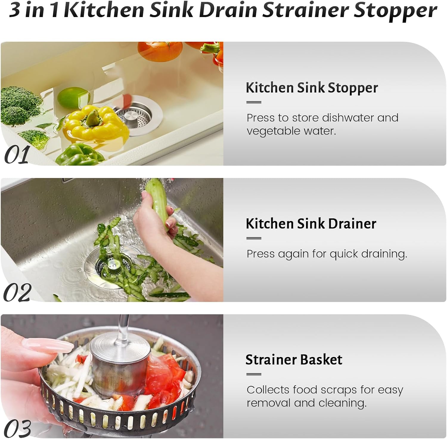 Kitchen Sink Drain Strainer – 304 Stainless Steel 3-in-1 Pop Up Design, Anti-Clogging Sink Strainer Basket for US Standard 3.5" Kitchen Drain, Water Storage & Debris Filter