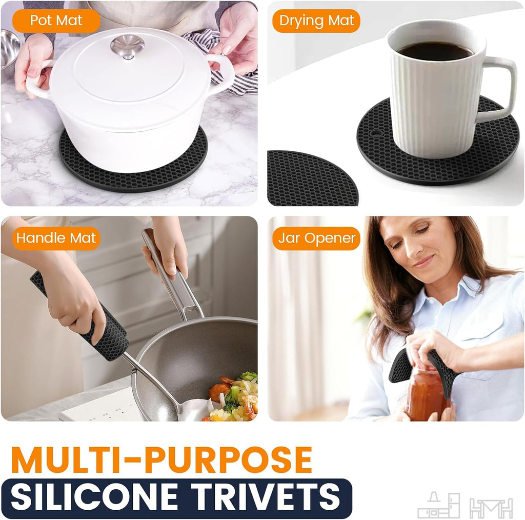 Silicone Trivet Mats 4 Heat Resistant Pot Holders Multipurpose Non-Slip Hot Pads for Kitchen Potholders, Drying mat, Jar Opener, Spoon Holder, Coaster(Black)