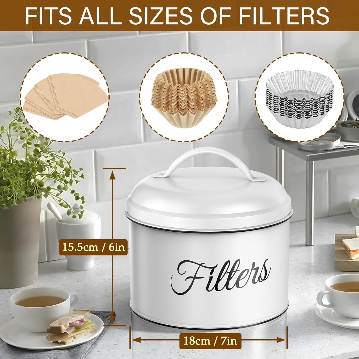 Coffee Filter Holder for Counter, Coffee Filter Storage with Lid, Round Container for Bar Accessories Decor (White)