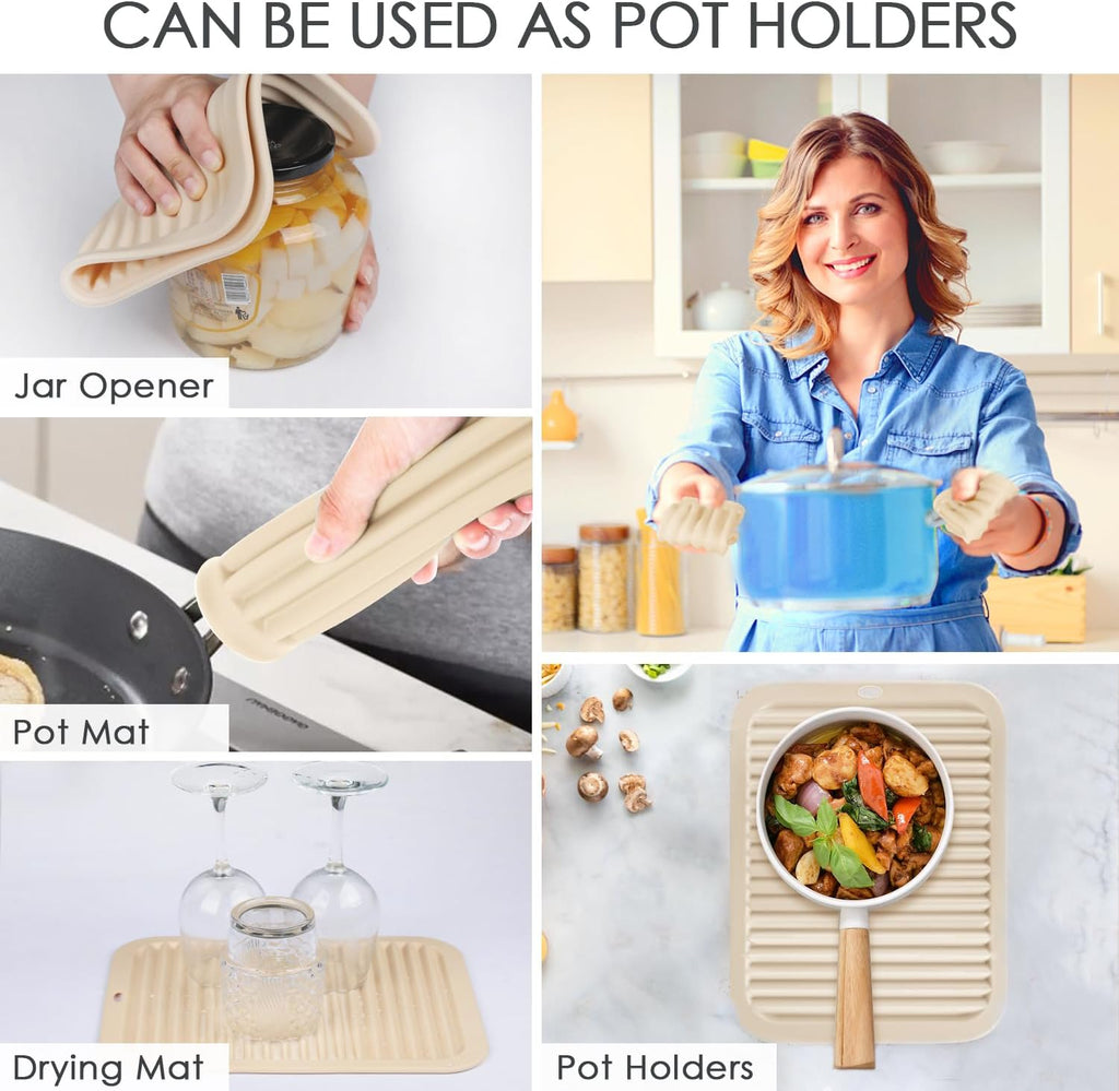 QPIX DIGITAL 4 Pack Silicone Trivets for Hot Dishes, Large & Heat Resistant Silicone Pot Holder Hot Pads for Kitchen, 9x12 Beige Silicone Trivet Mat for Hot Pots and Pans, Jar Opener, Drying Mat