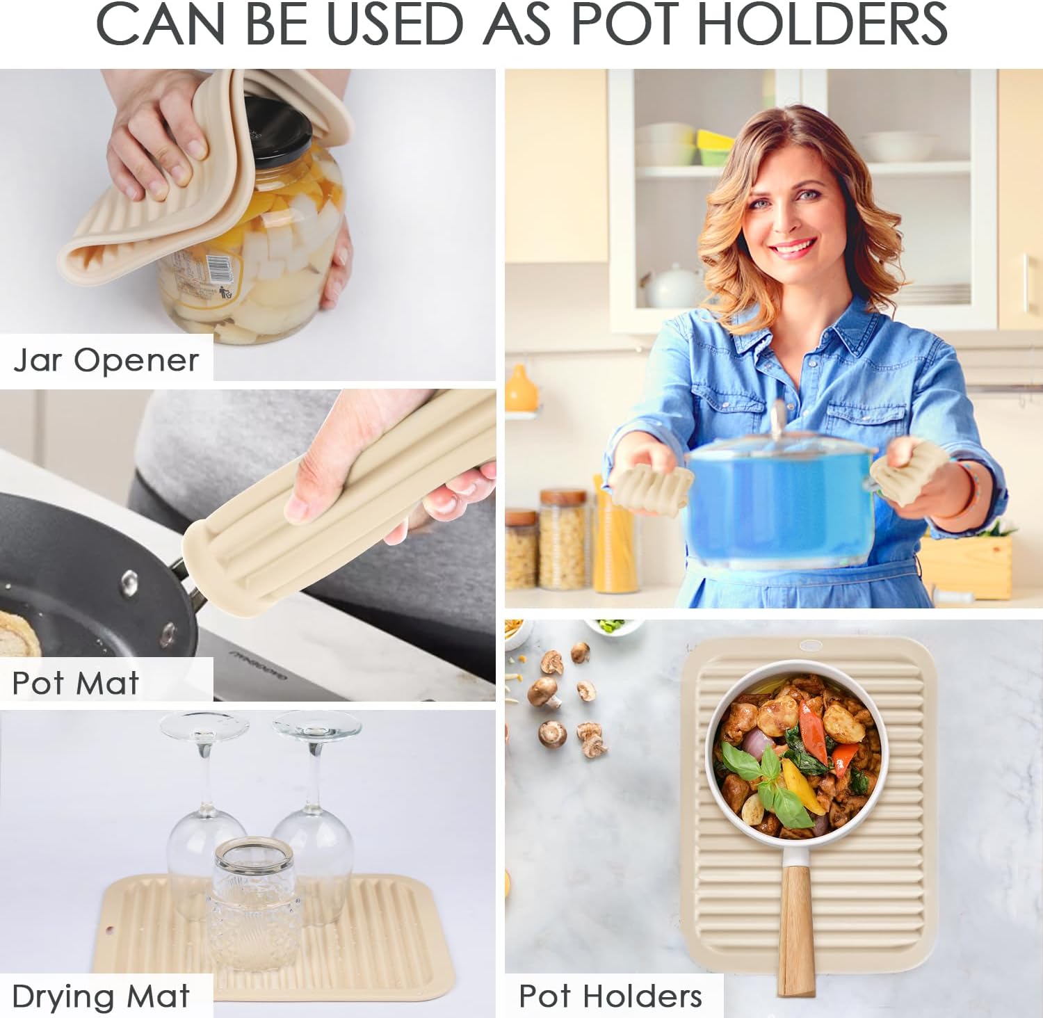 QPIX DIGITAL 4 Pack Silicone Trivets for Hot Dishes, Large & Heat Resistant Silicone Pot Holder Hot Pads for Kitchen, 9x12 Beige Silicone Trivet Mat for Hot Pots and Pans, Jar Opener, Drying Mat