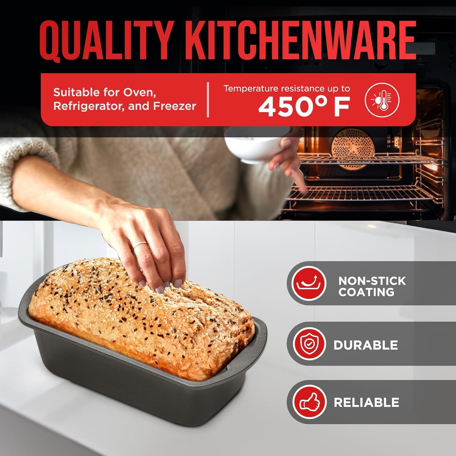 Nonstick Loaf Pan Set Pack of 4, Carbon Steel 11" Large Baking Bread Pan, Oven Safe Up to 450°F, PFOA, PFOS, PTFE Free, Space Saving Stackable Design, Stain Resistant, Dishwasher Friendly, Gray Marble