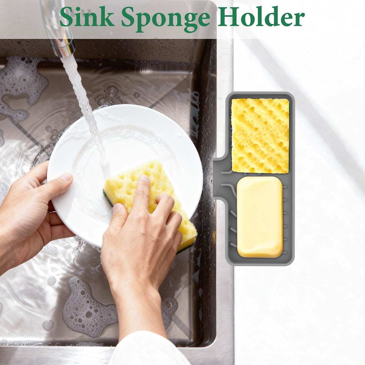 GUUKIN Silicone Sponge Holder, 9.8"×4.9" Sponge Holder for Kitchen Sink, Soap Tray with Drain, Dish Soap Mat for Shower Bathroom（Grey）