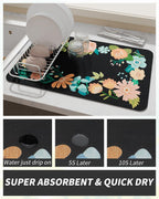 AMOAMI Coffee Mat Hide Stain Rubber Backed Absorbent Dish Drying Mat for Kitchen Counter - Bar Accessories Fit Under Coffee Maker, Espresso Machine, Dish Rack - Floral Black 12x19