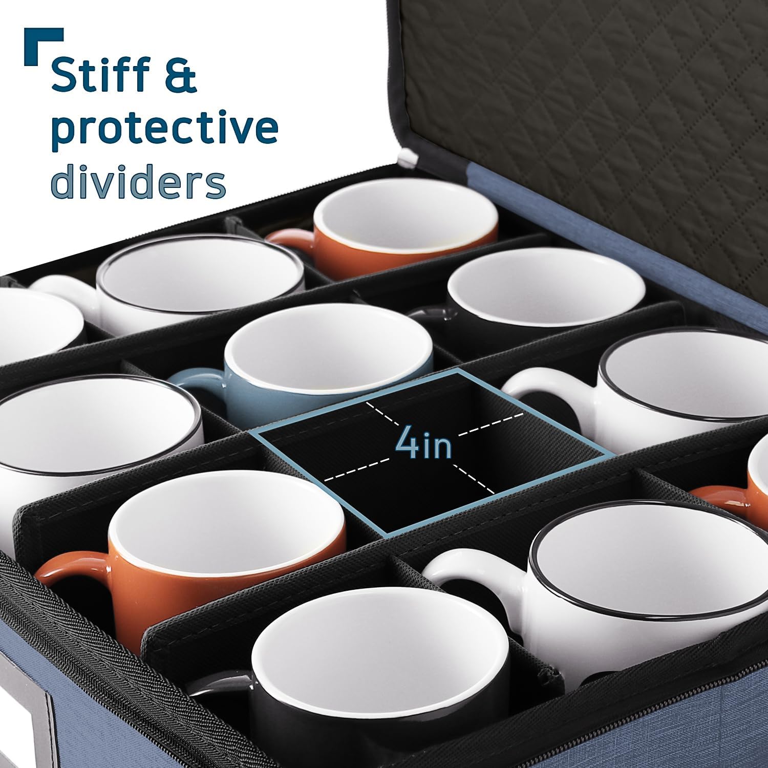 Coffee Mug Storage, 2 Pack Quilted and Stackable Coffee Cup Storage Organizer for Service of 24, Mug Storage Box with Dividers, China Containers Hard Shell for Moving and Organization, Blue