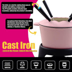 Artestia Cast Iron Cheese Fondue Pot Set for Chocolate Swiss Fondue Set Camping Fondue Set with 6 Fondue Forks, 11-Piece Cheese Fondue Set Serve 6 Persons (Pink)