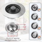 Kitchen Sink Drain Strainer, 3 in 1 Pop Up Kitchen Sink Stopper, with An Extra Basket Strainer, Universal for US Standard 3-1/2 Inch, Chrome Silver