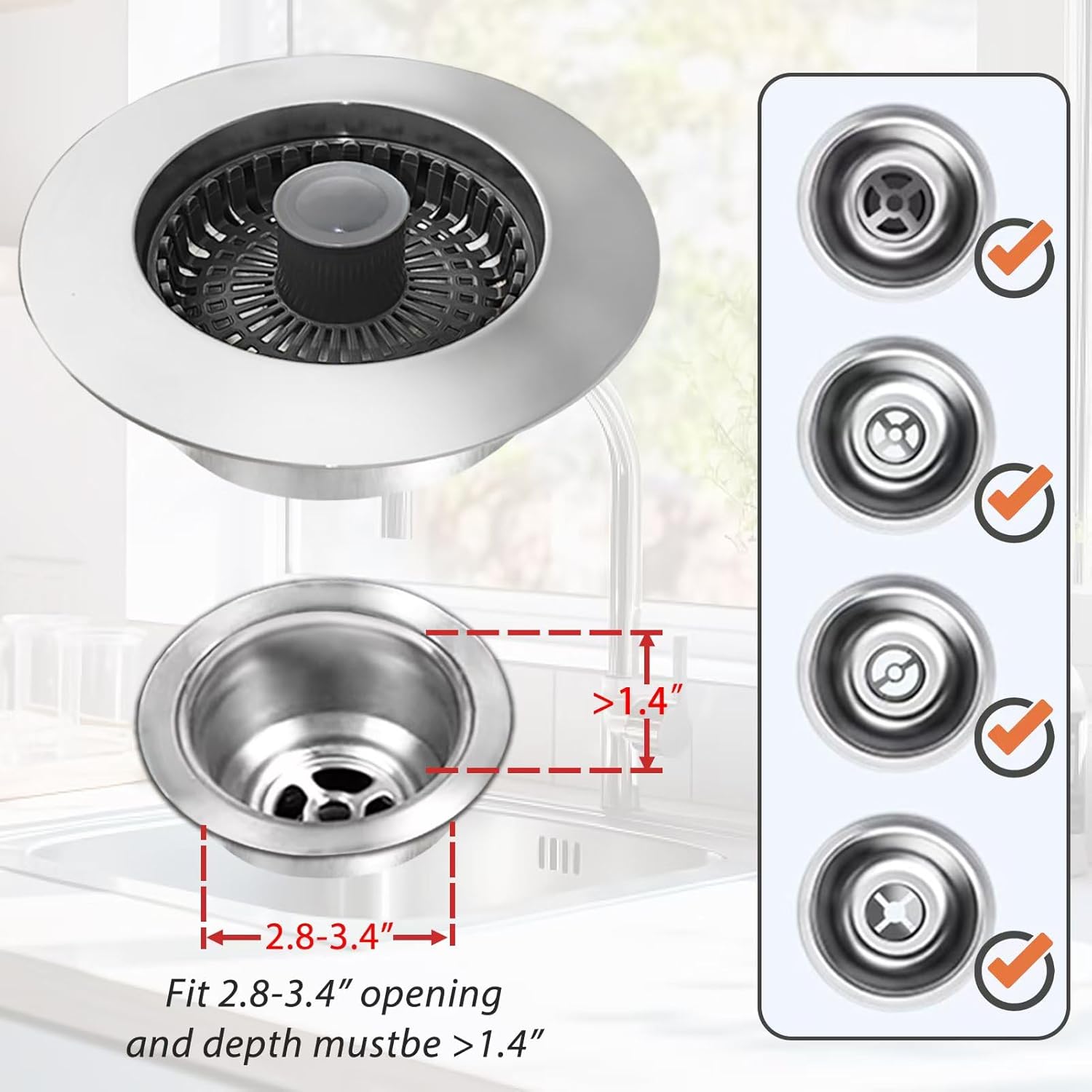 Kitchen Sink Drain Strainer, 3 in 1 Pop Up Kitchen Sink Stopper, with An Extra Basket Strainer, Universal for US Standard 3-1/2 Inch, Chrome Silver
