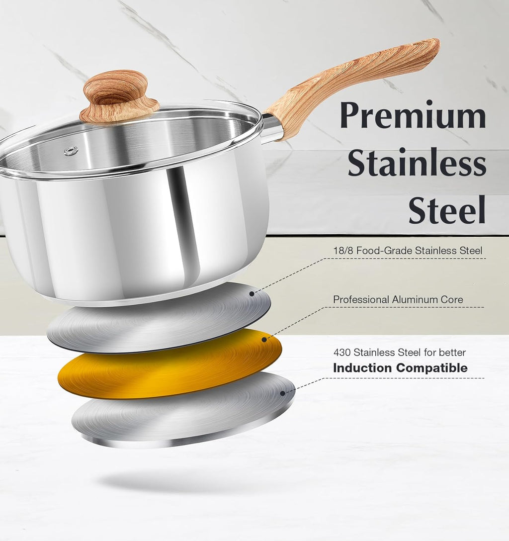 KOCH SYSTEME CS Stainless Steel Saucepan Set, 6 Piece Stainless Steel Pot 1QT & 2QT & 3QT with Heat-resistant Bakelite Handle, Tri-ply Base Pots, Sauce Pan Induction Ready, Pot Set 6PCS