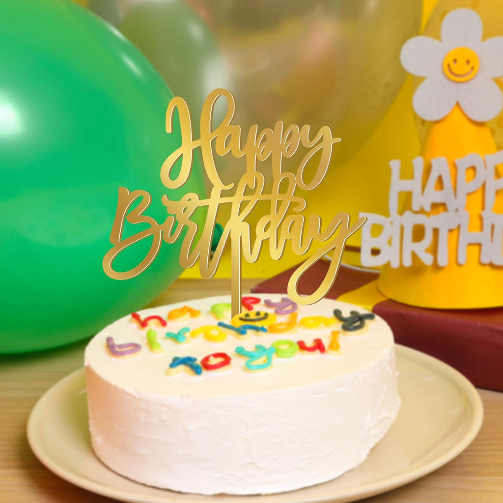 1 PCS Acrylic Cake Topper, 5.1 x 7 Inches Happy Birthday Cake Sign, Mirror Birthday Cake Toppers for Children or Adults Cake Inserts, Birthday Cake Decorations and Desserts Supplies