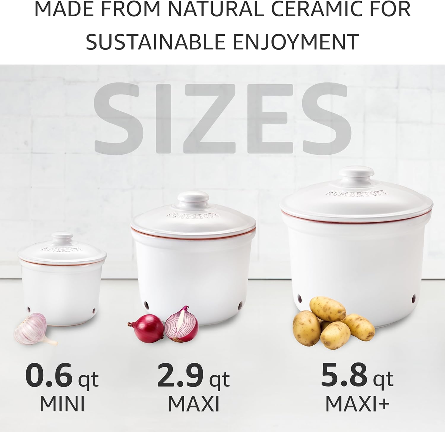 Romertopf Freshness Storage Potato Onion Garlic Clay Pot Set of 3 with Lids - White