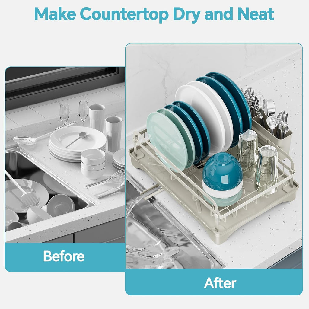 Dish Drying Rack Kitchen - Dish Racks for Kitchen Counter Space-Saving, Dish Drainer with Automatic Drain and Adjustable Spout, Dishwasher Rack with Cutlery Holder, Easy to Install, Grey