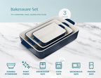 Kook Casserole Dish, Ceramic Baking Dish, Large Lasagna Pan Deep for Oven, 8.5 x 14, 11 x 7, 8 x 5, Set of 3, 92oz, 50oz, 20oz, Baking Pan with Handles, Oven Safe and Durable, Home, Gift, (Navy)