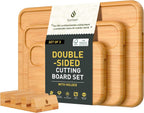 3 Packs Bamboo Cutting Board Set with Holder Wood Cutting Boards for Kitchen with Juice Grooves Built-in Handles, Ideal Charcuterie & Chopping for Meat Vegetables Fruits Kitchen Gift for Home Cooks