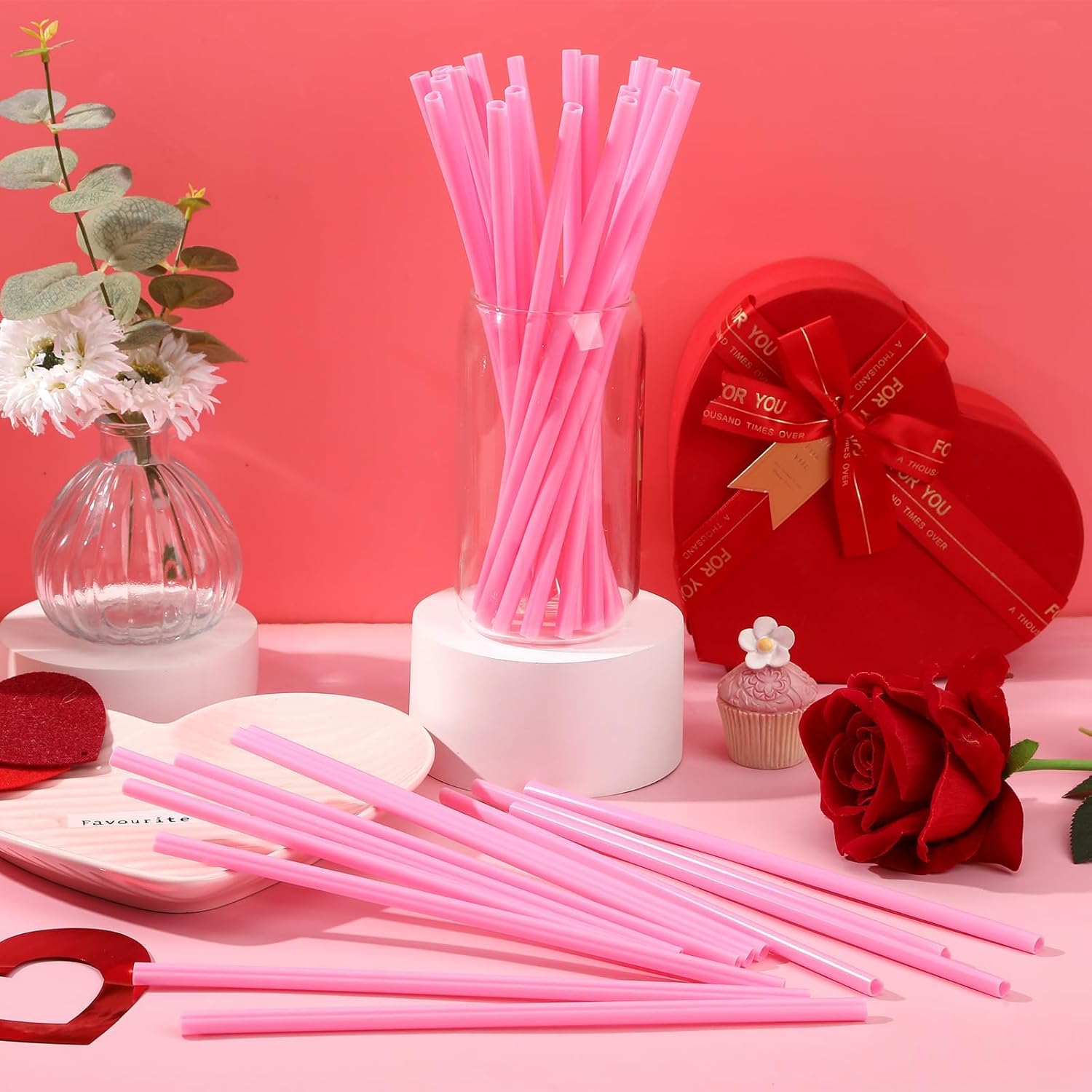 JANYUN 30 Pcs Heart Shaped Pink Plastic Straws, Reusable Valentines Heart Drinking Straws for Party Favors, Birthday, Bridal Shower, Wedding