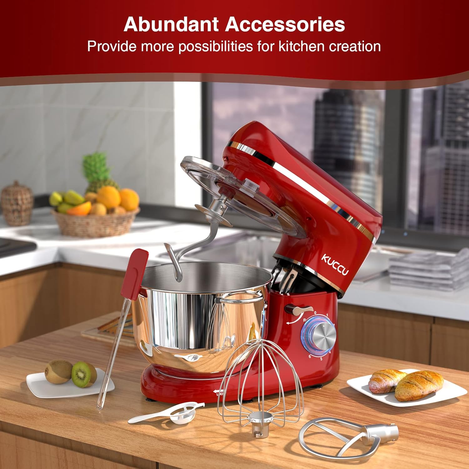 Stand Food Mixer, 6.5 Qt 660W, 6-Speed Tilt-Head , Kitchen Electric Mixer with Stainless Steel Bowl,Dough Hook,Whisk, Beater, Egg white separator (6.5-QT, Red)