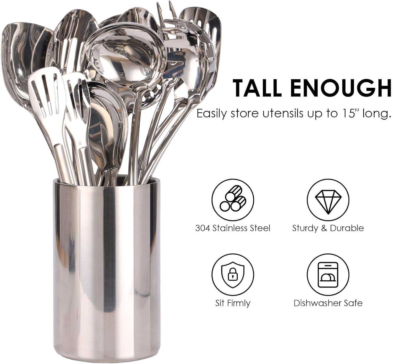 Double Wall Utensil Holder - 304 Stainless Steel Sleek Kitchen Utensil Holder for Countertop, Spatula Spoon Storage Organizer, Large Cooking Utensil Caddy Counter, Shining Utensil Crock, Mirror Polish