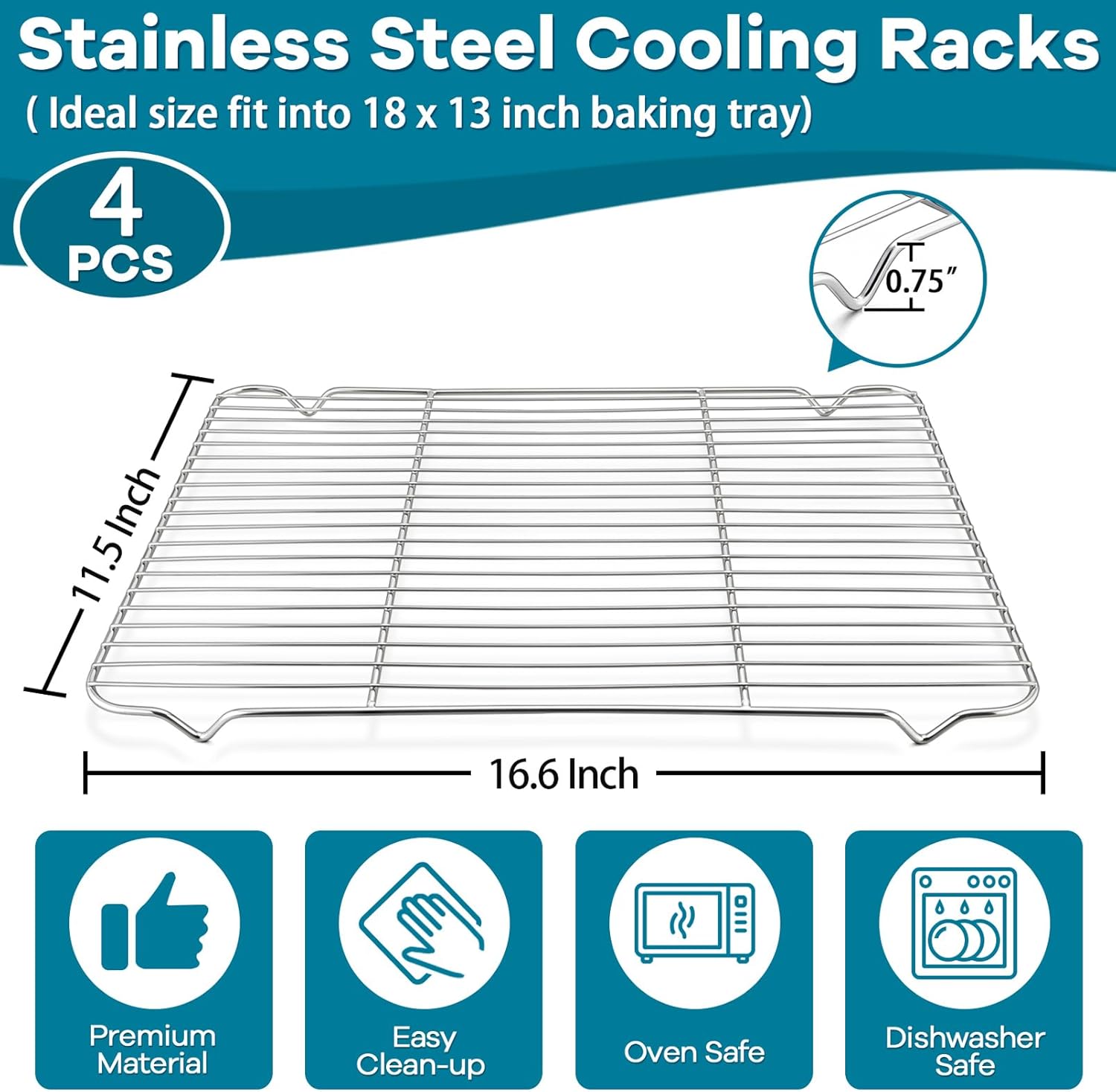 P&P CHEF Baking Cooling Rack Set for Cooking Roasting, 4-Piece Stainless Steel Wire Racks for Oven Use, Healthy & Dishwasher Safe, Rectangle, 16.6 Inch
