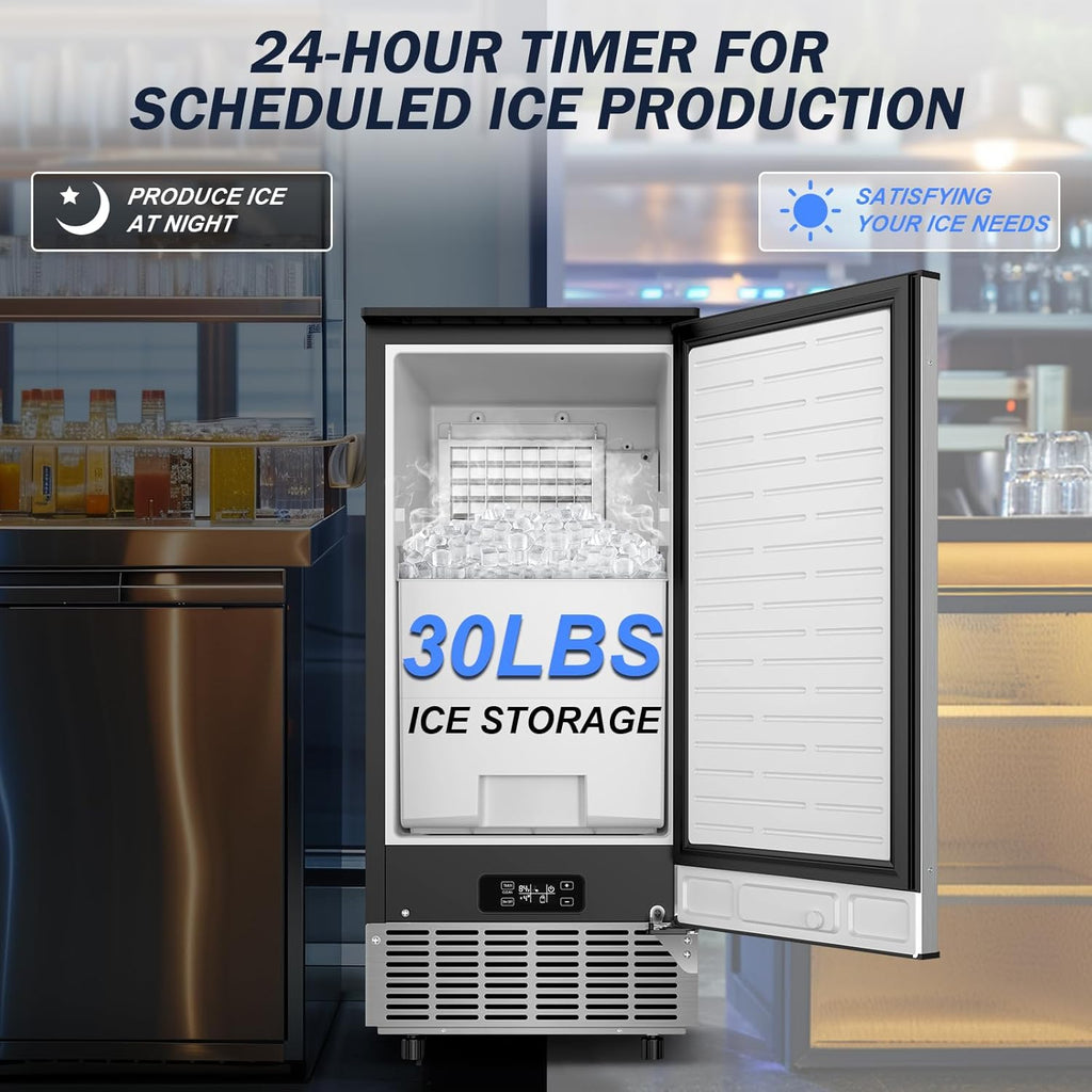 Under Counter Ice Maker Machine Commercial - 120LBS/24H with 30lbs Ice Storage Bucket & Reversible Door, Built-in Freestanding Ice Machine, Automatic Cleaning/24 Hours Timer, For Home & Commercial Use