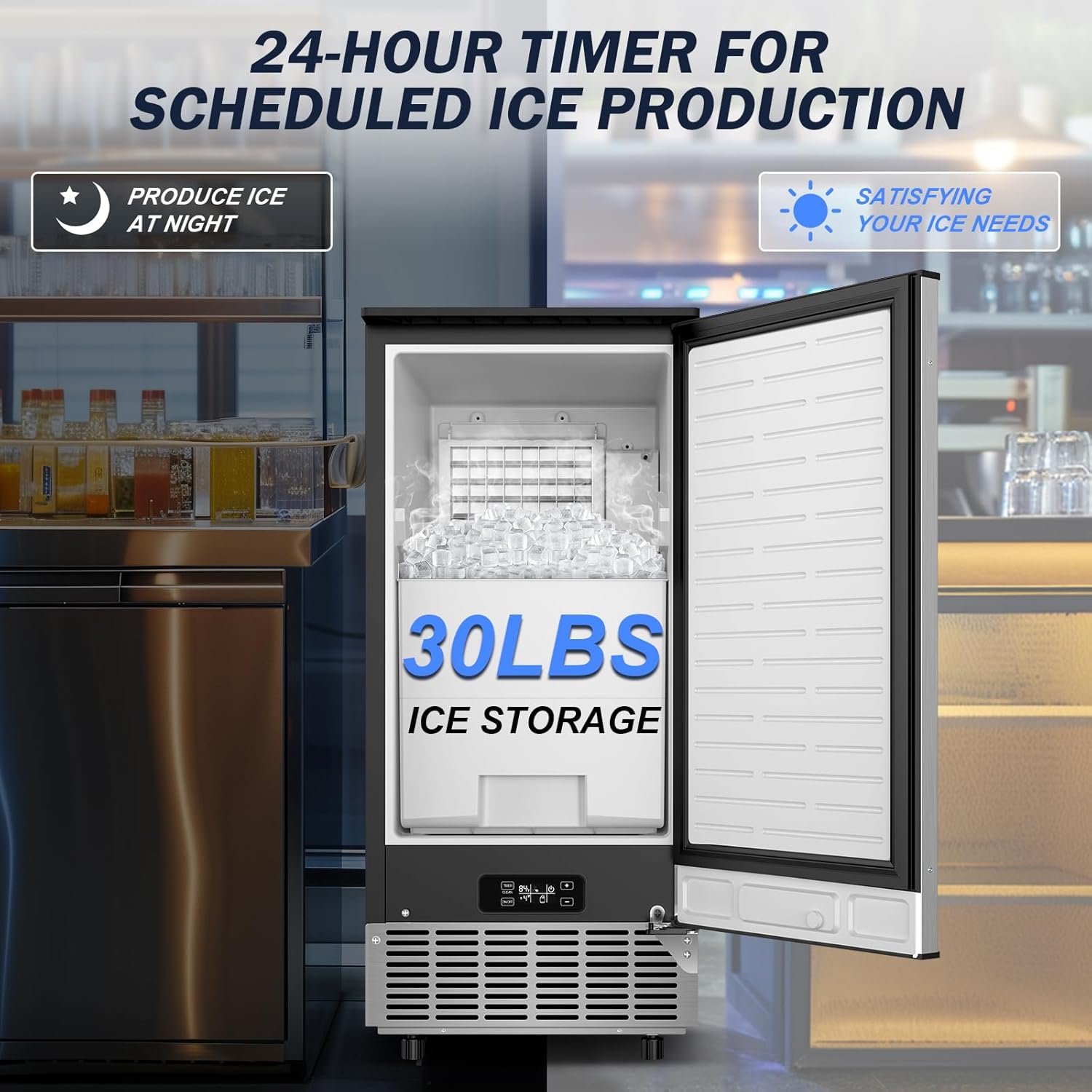 Under Counter Ice Maker Machine Commercial - 120LBS/24H with 30lbs Ice Storage Bucket & Reversible Door, Built-in Freestanding Ice Machine, Automatic Cleaning/24 Hours Timer, For Home & Commercial Use