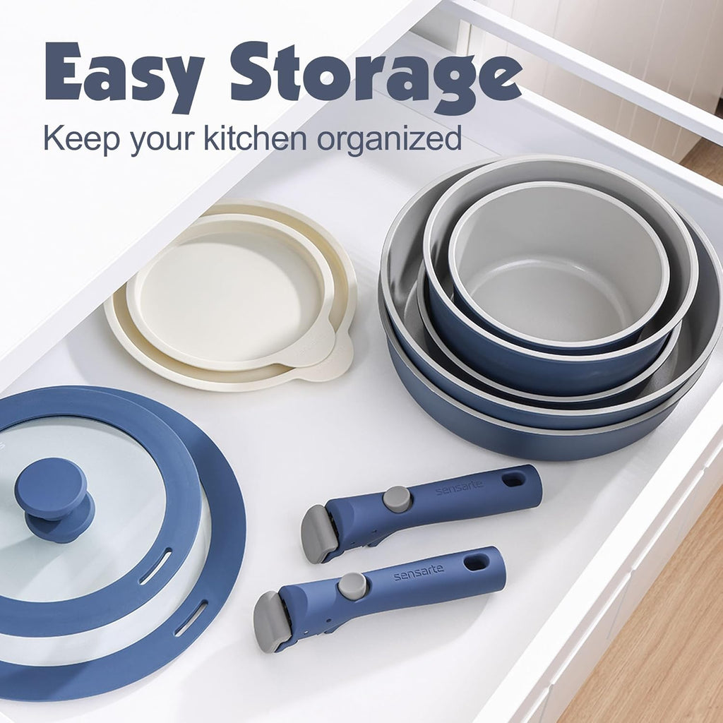 SENSARTE 17 Piece Ceramic Pots and Pans Set, Nonstick Detachable Handle Cookware, Induction Kitchen Cookware Set with Removable Handle, Dishwasher ＆ Oven Safe (Navy)