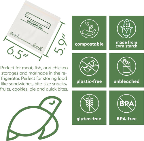 100% Compostable Food Storage Bags [Sandwich 150 Pack] Eco-Friendly Freezer Bags, Resealable Bags, Heavy-Duty, Reusable, by Earth's Natural Alternative, off white
