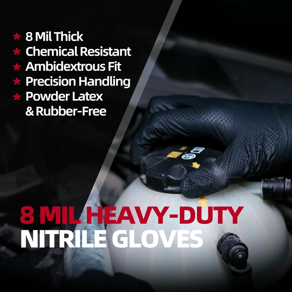 Jointown Basic Heavy Duty Nitrile Gloves, Mechanic Gloves 8 Mil Nitrile Disposable, with Raised Diamond Texture, Case of 100, Black, Large