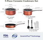 Pots and Pans Set Non Stick, 7 Piece Ceramic Cookware Set, Non Toxic Kitchen Induction Cookware Sets, Pots and Pans Cooking Set with Oven Safe Handle, 100% PFOA Free, Copper