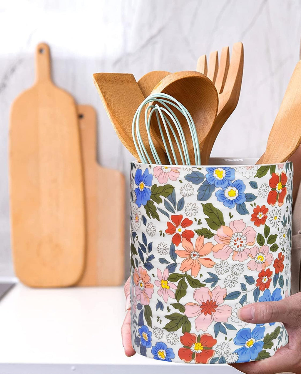 Kitchen Utensil Holder,7.2″Extra Large Stable Vintage Floral Pattern Ceramic Utensil Crock,Flower Utensil Organizer for Countertop,Kitchen Decor,Utensil Holder for Housewarming Gift Pink